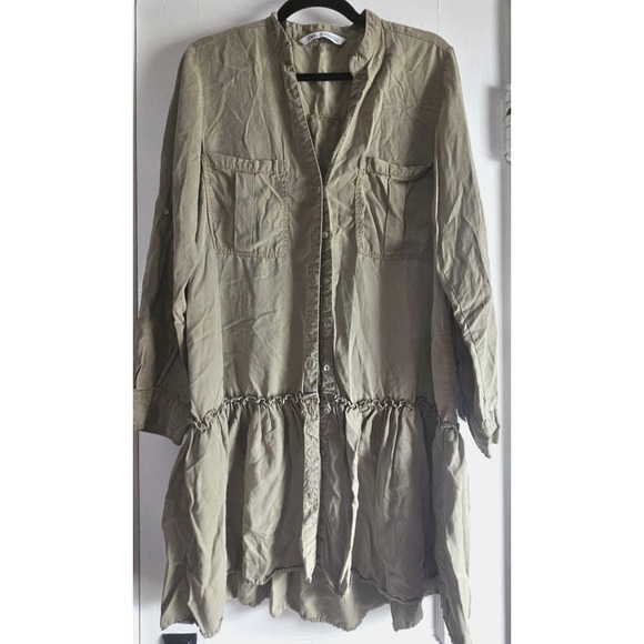 Zara Dresses & Skirts - ZARA green babydoll ruffle roll tab sleeve shirt dress lyocell‎ woman Sz M